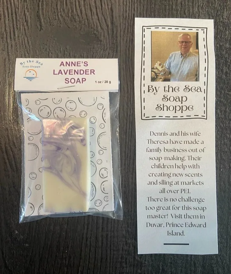 An Anne's Lavender mini soap with the By the Sea Soap Shoppe maker card