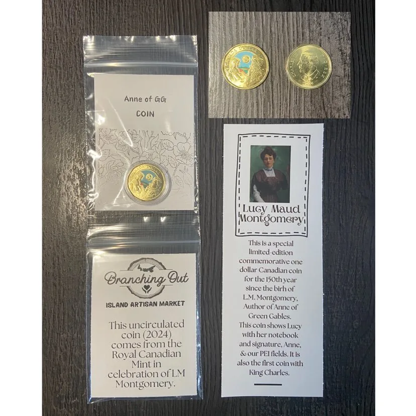 LM Montgomery commemorative coin in its packaging with a Branching Out maker card