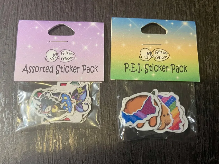 Two Glitter Ghost sticker packs, assorted and PEI designs