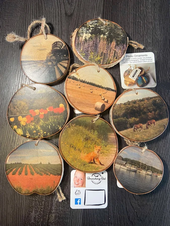 Round wood-slice ornaments with PEI photo transfers by Emma Boswell