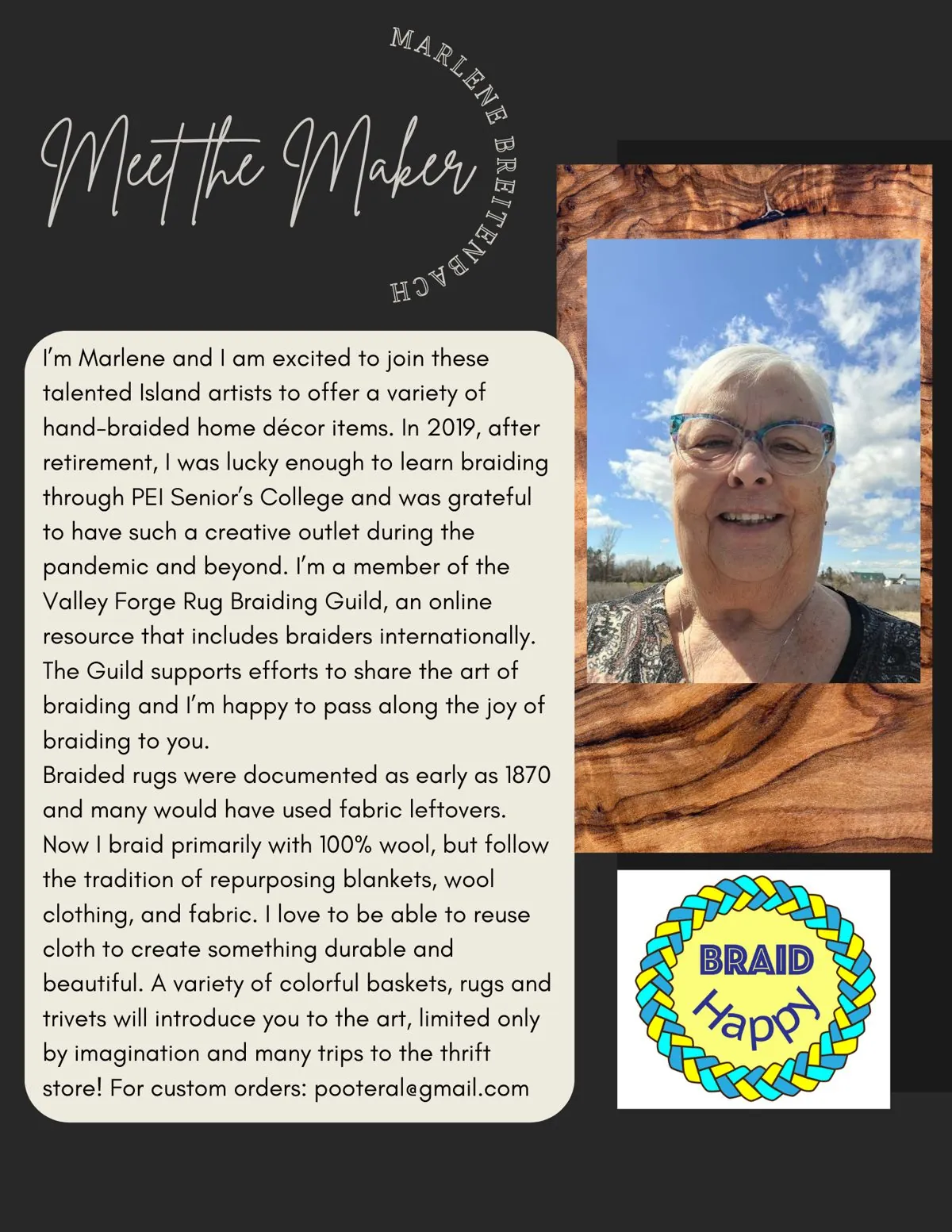 Meet the Maker poster: Marlene Breitenbach, Braid Happy