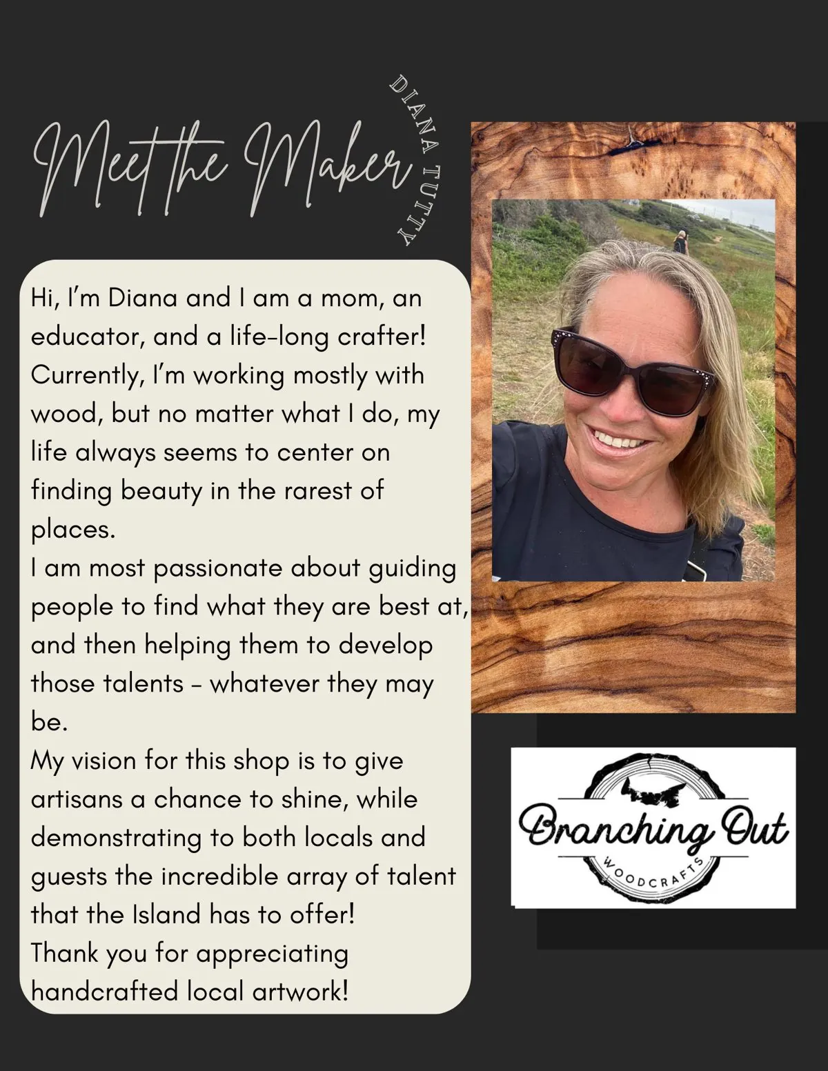 Meet the Maker poster: Diana Tutty, Branching Out Woodcrafts