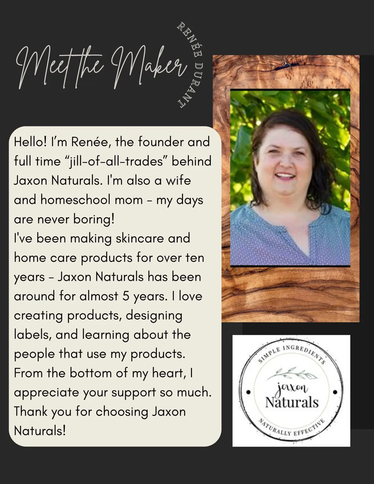 Meet the Maker poster: Renée Durant, Jaxon Naturals