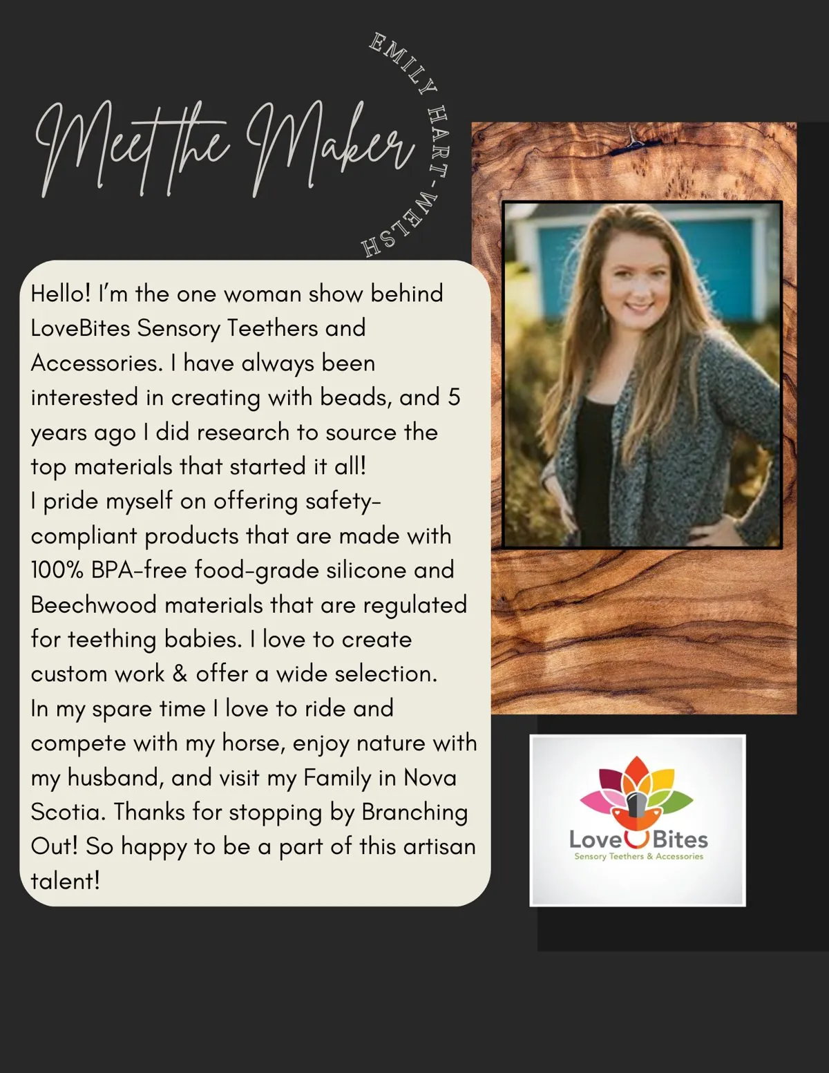 Meet the Maker poster: Emily Hart-Welsh, LoveBites Sensory Teethers and Accessories