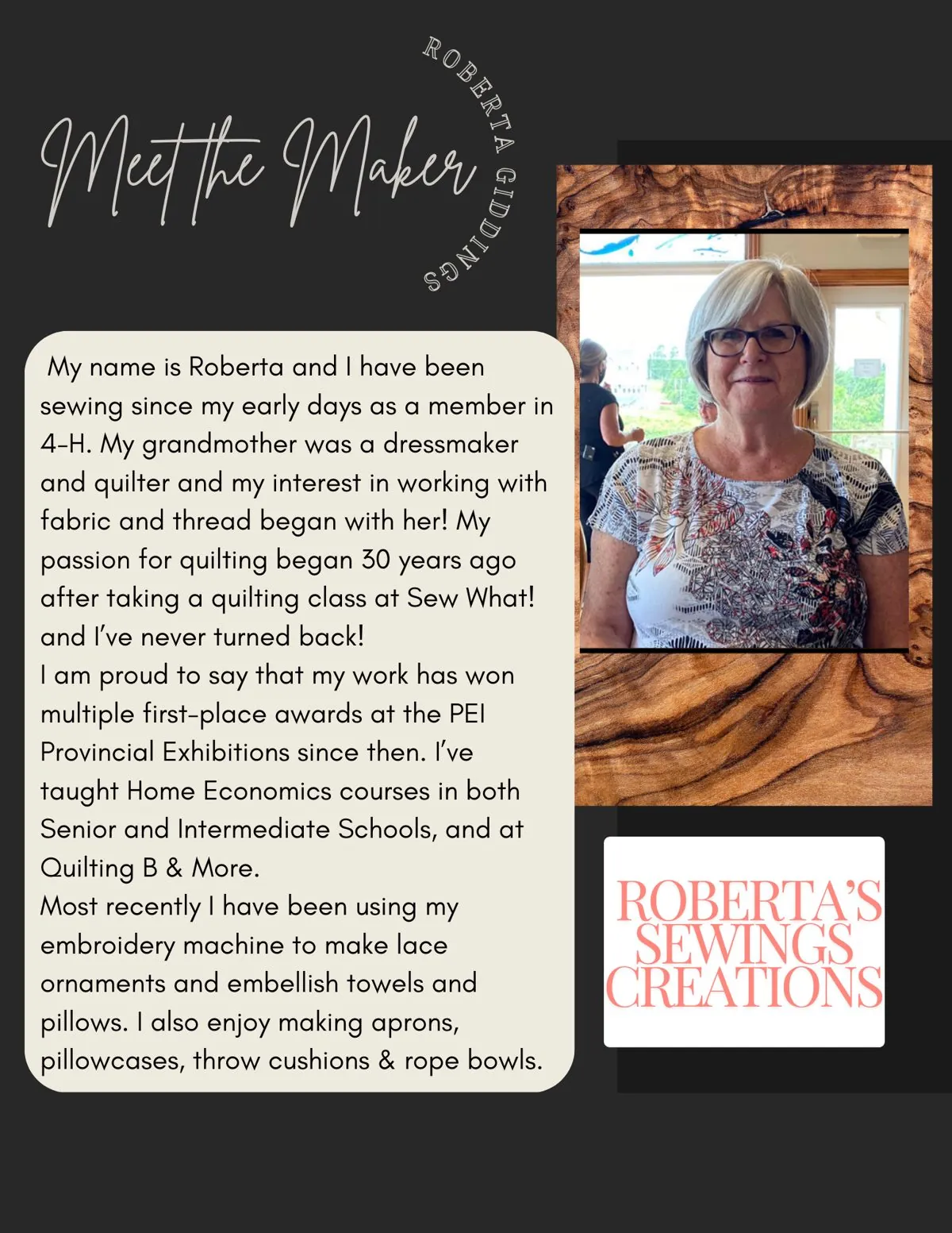 Meet the Maker poster: Roberta Giddings, Roberta's Sewings Creations