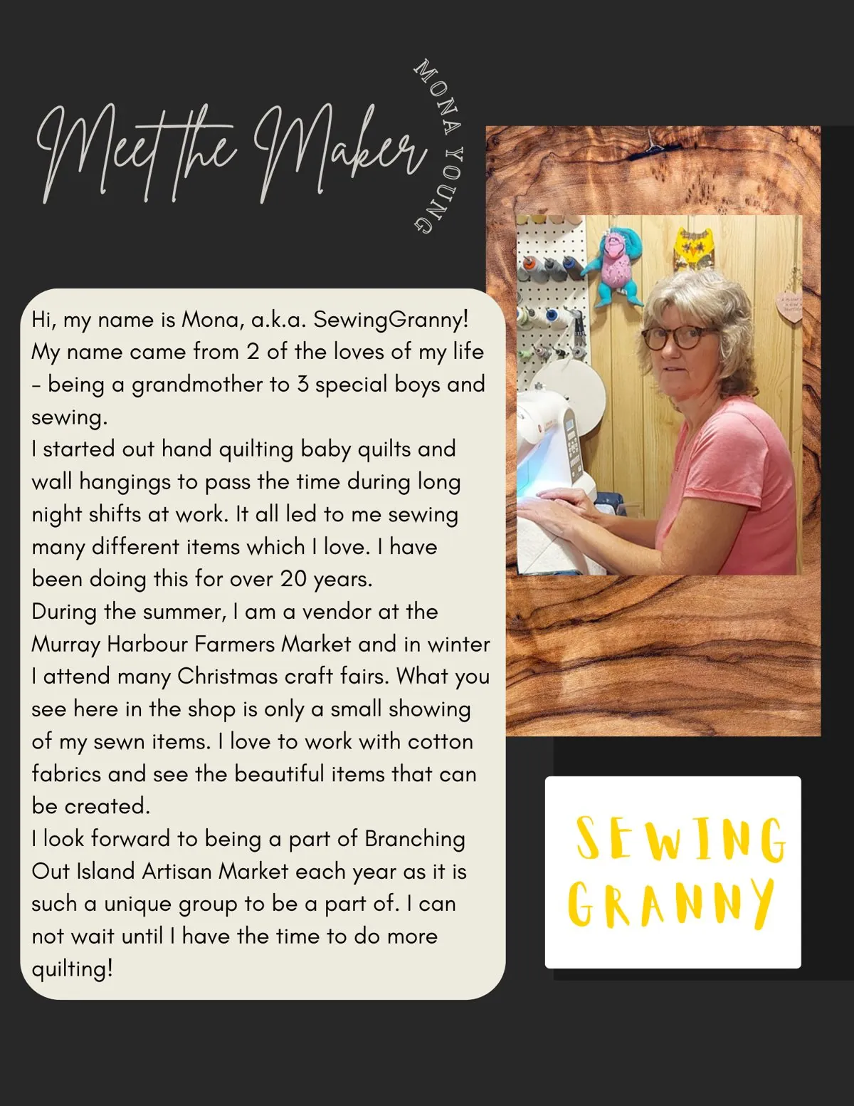 Meet the Maker poster: Mona Young, Sewing Granny