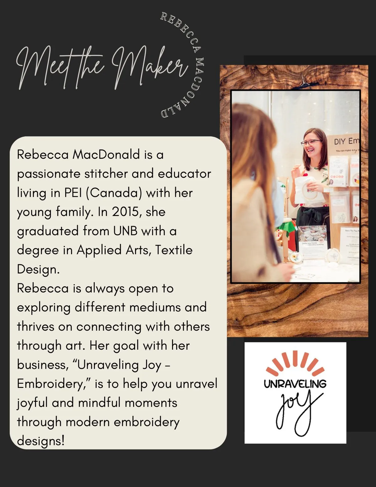 Meet the Maker poster: Rebecca MacDonald, Unraveling Joy - Embroidery